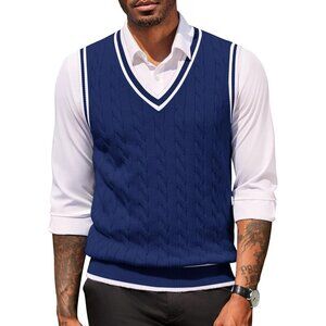 Coofandy Men Navy Blue Fitted V Neck Sleeveless Knitted Pullovers Sweater Vest